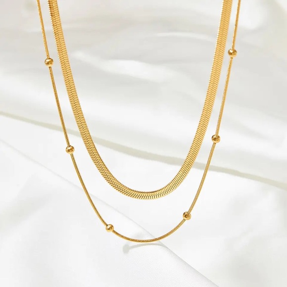 18K Gold Plated Round Beads Snake Chain Stacked Double Layered Necklace - Picture 2 of 9